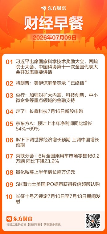 东方财富财经早餐 7月9日周四